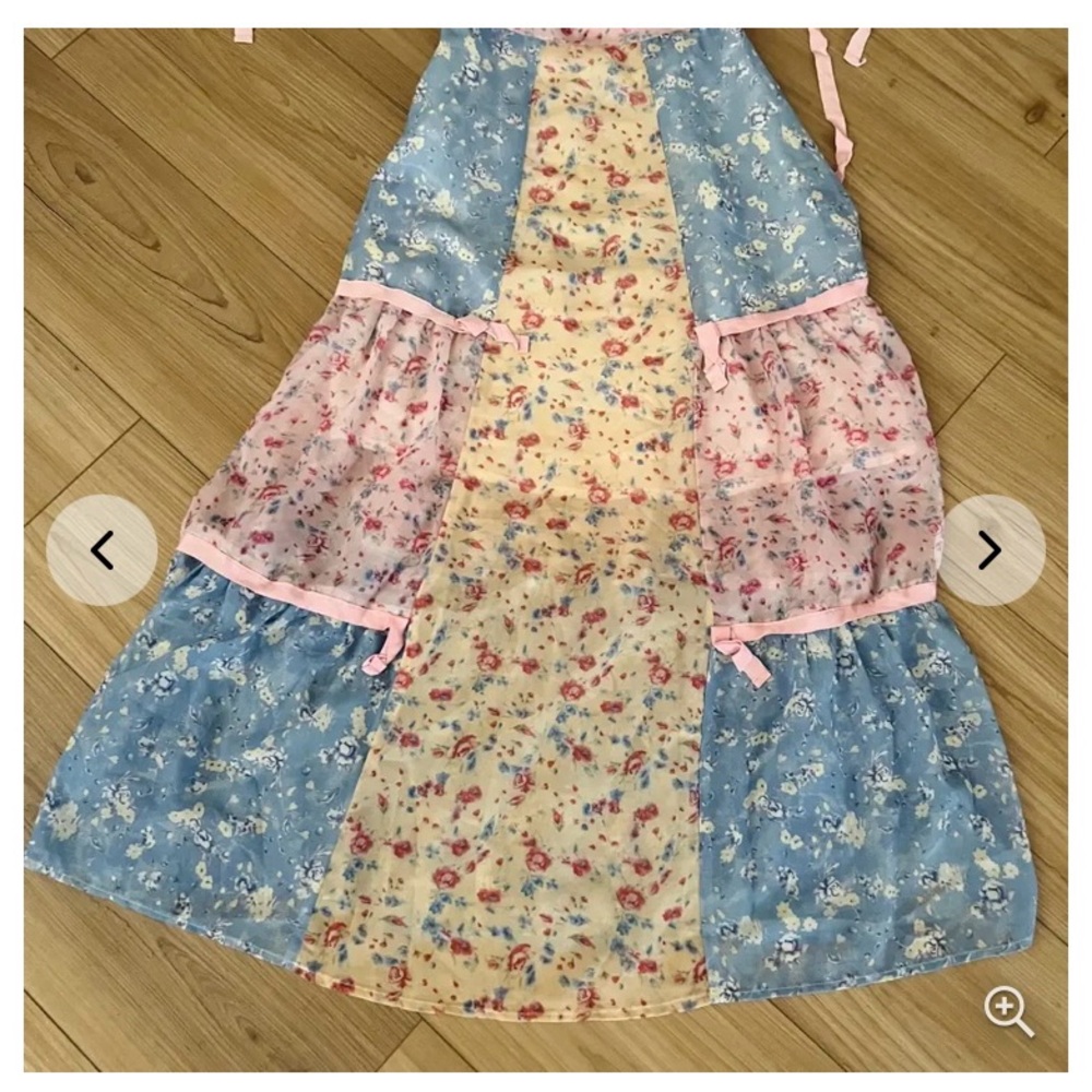 Elegant Floral Patchwork Maxi Dress - Pink, Blue, Cream - Picture 3 of 5